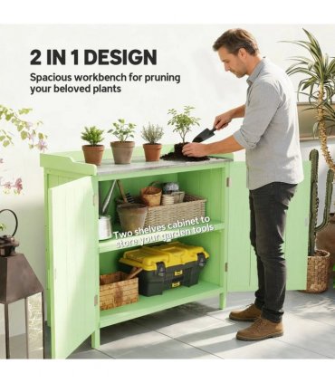 Outsunny Wood Garden Storage Cabinet, Outdoor Tool Shed, Potting Bench Table with galvanised Top and Two Shelves for garden Tools or Pool Accessories, Green