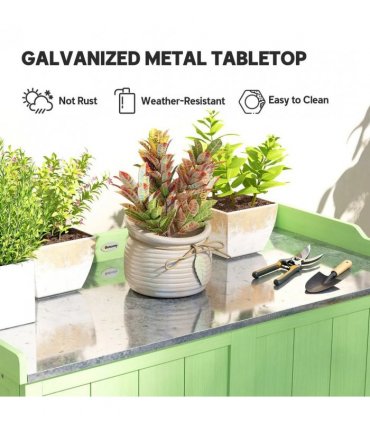 Outsunny Wood Garden Storage Cabinet, Outdoor Tool Shed, Potting Bench Table with galvanised Top and Two Shelves for garden Tools or Pool Accessories, Green