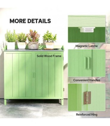 Outsunny Wood Garden Storage Cabinet, Outdoor Tool Shed, Potting Bench Table with galvanised Top and Two Shelves for garden Tools or Pool Accessories, Green