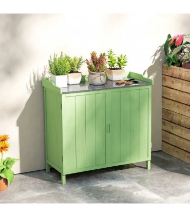 Outsunny Wood Garden Storage Cabinet, Outdoor Tool Shed, Potting Bench Table with galvanised Top and Two Shelves for garden Tools or Pool Accessories, Green