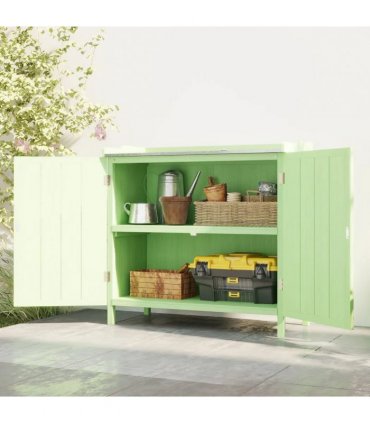 Outsunny Wood Garden Storage Cabinet, Outdoor Tool Shed, Potting Bench Table with galvanised Top and Two Shelves for garden Tools or Pool Accessories, Green