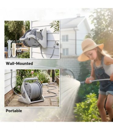 Outsunny Portable Garden Hose Reel, 20 m Wall Mounted Hose Reel with 2 Patterns Spray Nozzle and Crank Handle, Grey