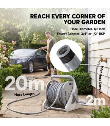 Outsunny Portable Garden Hose Reel, 20 m Wall Mounted Hose Reel with 2 Patterns Spray Nozzle and Crank Handle, Grey