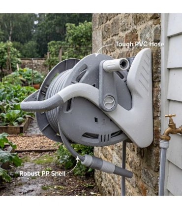 Outsunny Portable Garden Hose Reel, 20 m Wall Mounted Hose Reel with 2 Patterns Spray Nozzle and Crank Handle, Grey
