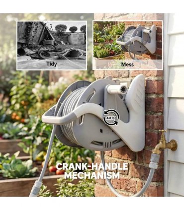 Outsunny Portable Garden Hose Reel, 20 m Wall Mounted Hose Reel with 2 Patterns Spray Nozzle and Crank Handle, Grey