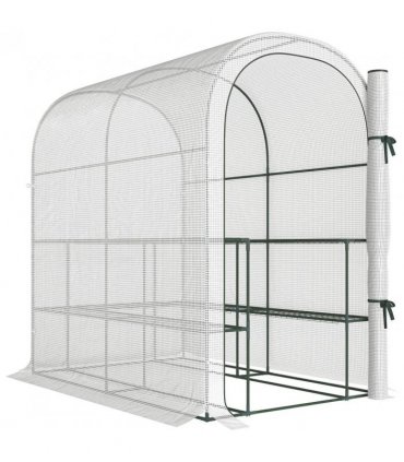 Outsunny Walk-in Greenhouse with Shelves, Small Greenhouse with PE Cover and Roll-up Door, 123 x 187 x 189 cm, White