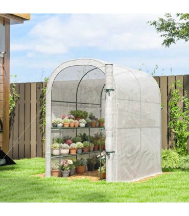 Outsunny Walk-in Greenhouse with Shelves, Small Greenhouse with PE Cover and Roll-up Door, 123 x 187 x 189 cm, White