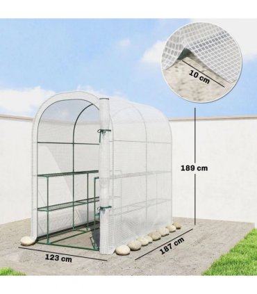 Outsunny Walk-in Greenhouse with Shelves, Small Greenhouse with PE Cover and Roll-up Door, 123 x 187 x 189 cm, White