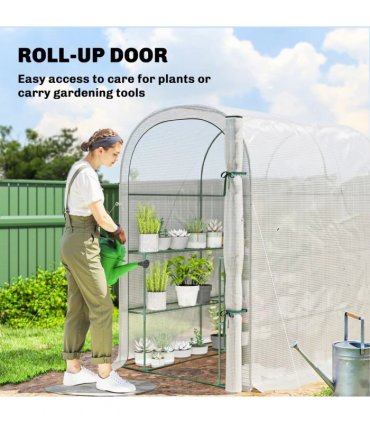 Outsunny Walk-in Greenhouse with Shelves, Small Greenhouse with PE Cover and Roll-up Door, 123 x 187 x 189 cm, White