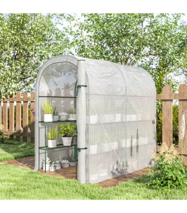 Outsunny Walk-in Greenhouse with Shelves, Small Greenhouse with PE Cover and Roll-up Door, 123 x 187 x 189 cm, White