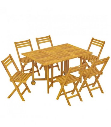 Outsunny 7 Pieces Garden Dining Set, Extending Dining Table and 6 Folding Chairs with Umbrella Hole for Patio, Natural Wood
