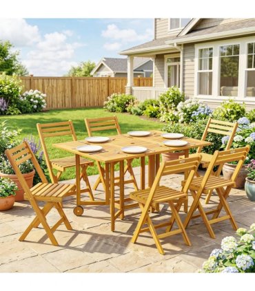 Outsunny 7 Pieces Garden Dining Set, Extending Dining Table and 6 Folding Chairs with Umbrella Hole for Patio, Natural Wood