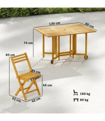 Outsunny 7 Pieces Garden Dining Set, Extending Dining Table and 6 Folding Chairs with Umbrella Hole for Patio, Natural Wood