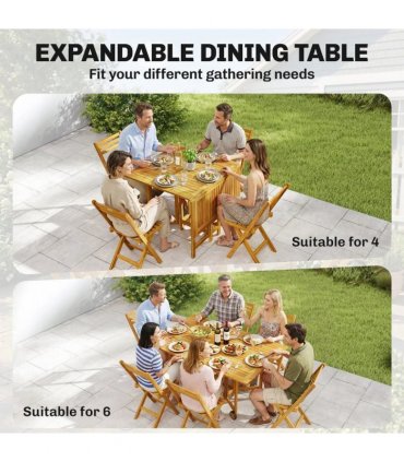 Outsunny 7 Pieces Garden Dining Set, Extending Dining Table and 6 Folding Chairs with Umbrella Hole for Patio, Natural Wood