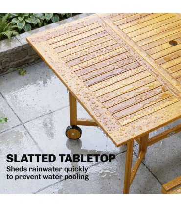 Outsunny 7 Pieces Garden Dining Set, Extending Dining Table and 6 Folding Chairs with Umbrella Hole for Patio, Natural Wood