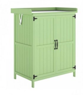 Outsunny Wooden Garden Shed, Garden Tool Storage Shed with Hinged Roof and Shelf, Outdoor Storage Cabinet with Double Doors, Light Green