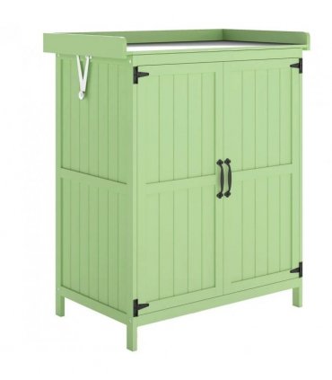 Outsunny Wooden Garden Shed, Garden Tool Storage Shed with Hinged Roof and Shelf, Outdoor Storage Cabinet with Double Doors, Light Green
