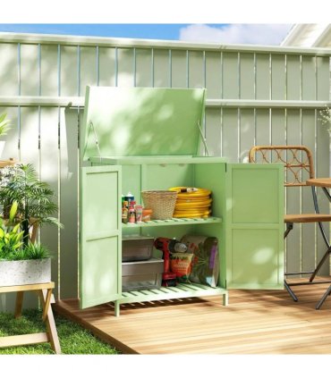 Outsunny Wooden Garden Shed, Garden Tool Storage Shed with Hinged Roof and Shelf, Outdoor Storage Cabinet with Double Doors, Light Green