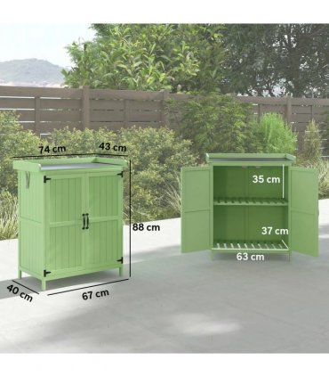 Outsunny Wooden Garden Shed, Garden Tool Storage Shed with Hinged Roof and Shelf, Outdoor Storage Cabinet with Double Doors, Light Green