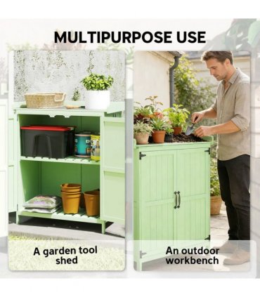 Outsunny Wooden Garden Shed, Garden Tool Storage Shed with Hinged Roof and Shelf, Outdoor Storage Cabinet with Double Doors, Light Green