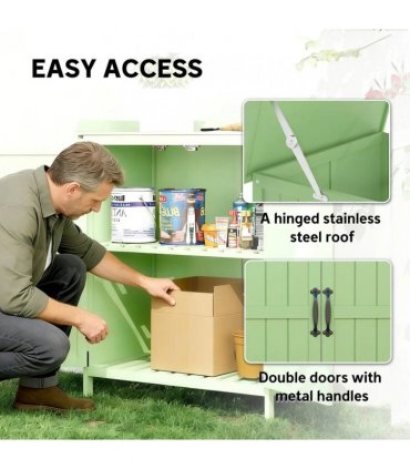 Outsunny Wooden Garden Shed, Garden Tool Storage Shed with Hinged Roof and Shelf, Outdoor Storage Cabinet with Double Doors, Light Green
