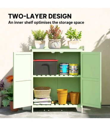 Outsunny Wooden Garden Shed, Garden Tool Storage Shed with Hinged Roof and Shelf, Outdoor Storage Cabinet with Double Doors, Light Green