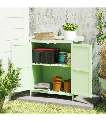 Outsunny Wooden Garden Shed, Garden Tool Storage Shed with Hinged Roof and Shelf, Outdoor Storage Cabinet with Double Doors, Light Green