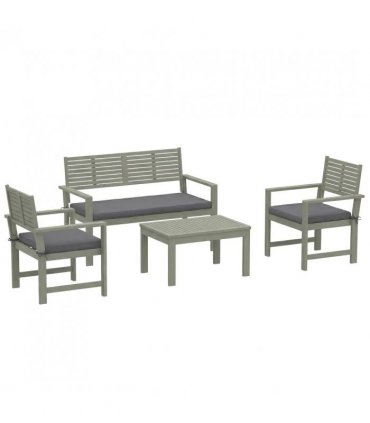 Outsunny 4 Seater Wooden Garden Furniture Set with Loveseat, Armchairs, Table, Acacia Wood Garden Sofa Set, Light Grey