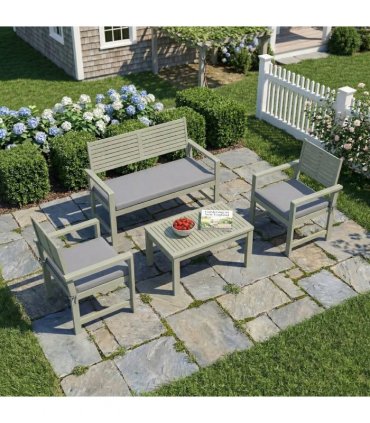 Outsunny 4 Seater Wooden Garden Furniture Set with Loveseat, Armchairs, Table, Acacia Wood Garden Sofa Set, Light Grey