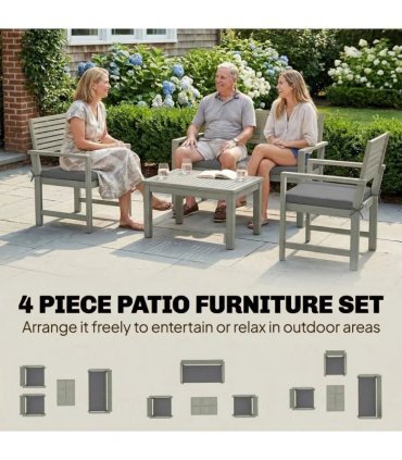 Outsunny 4 Seater Wooden Garden Furniture Set with Loveseat, Armchairs, Table, Acacia Wood Garden Sofa Set, Light Grey