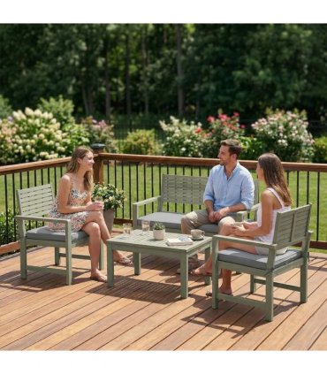 Outsunny 4 Seater Wooden Garden Furniture Set with Loveseat, Armchairs, Table, Acacia Wood Garden Sofa Set, Light Grey