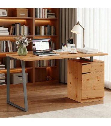 HOMCOM Computer Desk, Writing Desk with Cabinet, Drawer, Metal Legs, Work Table for Home Office Study, Natural Wood Finish