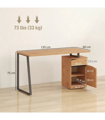 HOMCOM Computer Desk, Writing Desk with Cabinet, Drawer, Metal Legs, Work Table for Home Office Study, Natural Wood Finish