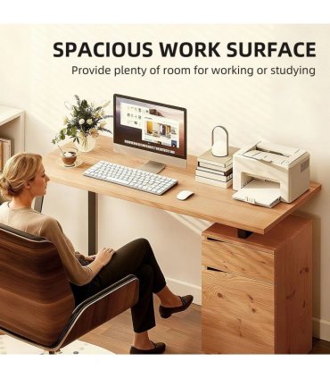 HOMCOM Computer Desk, Writing Desk with Cabinet, Drawer, Metal Legs, Work Table for Home Office Study, Natural Wood Finish
