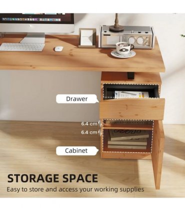 HOMCOM Computer Desk, Writing Desk with Cabinet, Drawer, Metal Legs, Work Table for Home Office Study, Natural Wood Finish