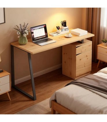 HOMCOM Computer Desk, Writing Desk with Cabinet, Drawer, Metal Legs, Work Table for Home Office Study, Natural Wood Finish