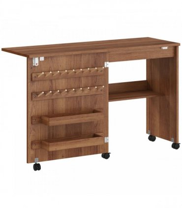 HOMCOM Folding Sewing Table, Rolling Craft Table with Storage compartments, Shelf and Lockable Casters for Small Spaces, Brown