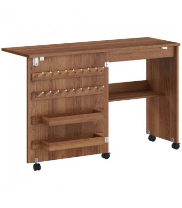 HOMCOM Folding Sewing Table, Rolling Craft Table with Storage compartments, Shelf and Lockable Casters for Small Spaces, Brown