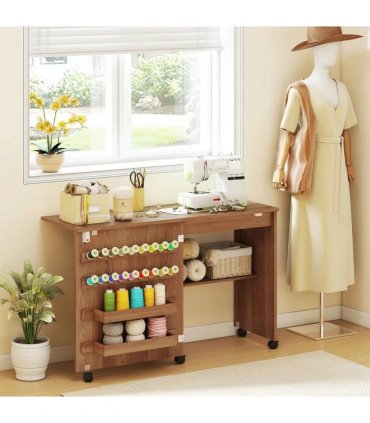 HOMCOM Folding Sewing Table, Rolling Craft Table with Storage compartments, Shelf and Lockable Casters for Small Spaces, Brown