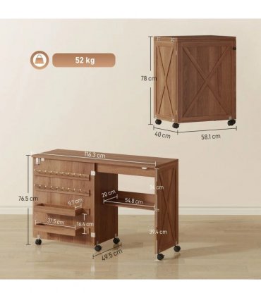 HOMCOM Folding Sewing Table, Rolling Craft Table with Storage compartments, Shelf and Lockable Casters for Small Spaces, Brown