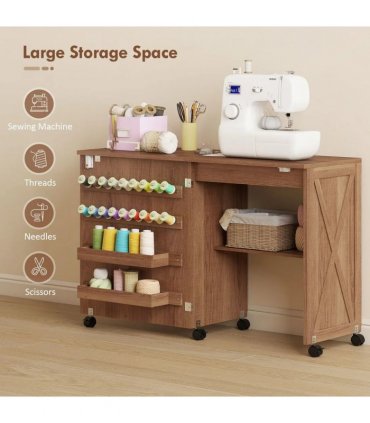HOMCOM Folding Sewing Table, Rolling Craft Table with Storage compartments, Shelf and Lockable Casters for Small Spaces, Brown