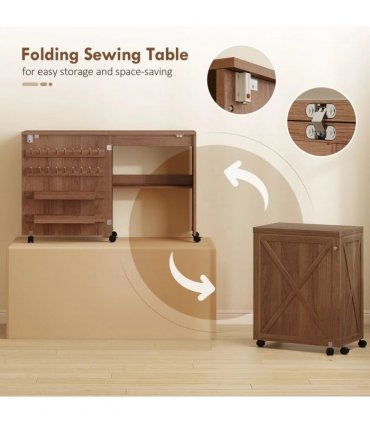 HOMCOM Folding Sewing Table, Rolling Craft Table with Storage compartments, Shelf and Lockable Casters for Small Spaces, Brown