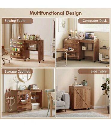 HOMCOM Folding Sewing Table, Rolling Craft Table with Storage compartments, Shelf and Lockable Casters for Small Spaces, Brown