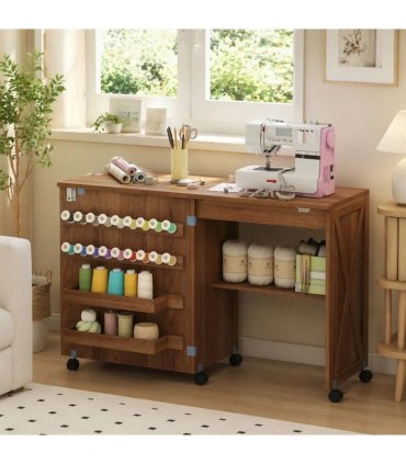 HOMCOM Folding Sewing Table, Rolling Craft Table with Storage compartments, Shelf and Lockable Casters for Small Spaces, Brown