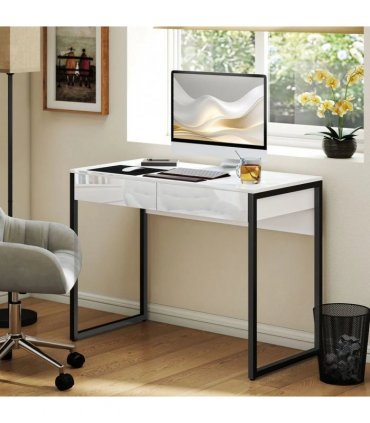 HOMCOM High Gloss Work Table, with Drawers - White