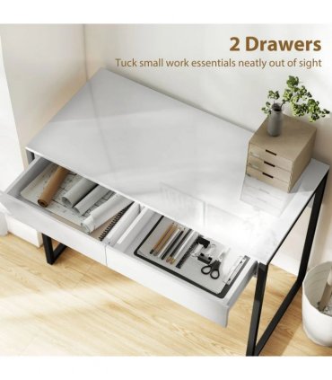 HOMCOM High Gloss Work Table, with Drawers - White