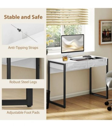HOMCOM High Gloss Work Table, with Drawers - White