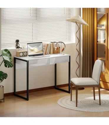 HOMCOM High Gloss Work Table, with Drawers - White
