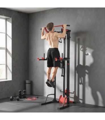 SPORTNOW Power Tower with Lat Pull Down Machine, Pull Up Bar, Dip Station, Adjustable Height Power Pack for Home Gym