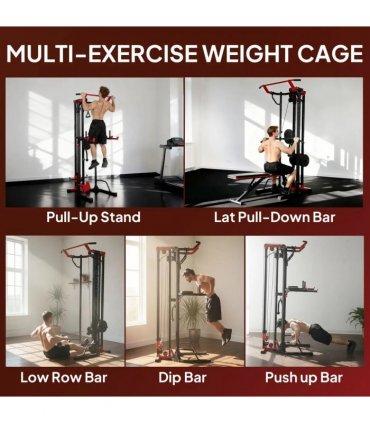 SPORTNOW Power Tower with Lat Pull Down Machine, Pull Up Bar, Dip Station, Adjustable Height Power Pack for Home Gym
